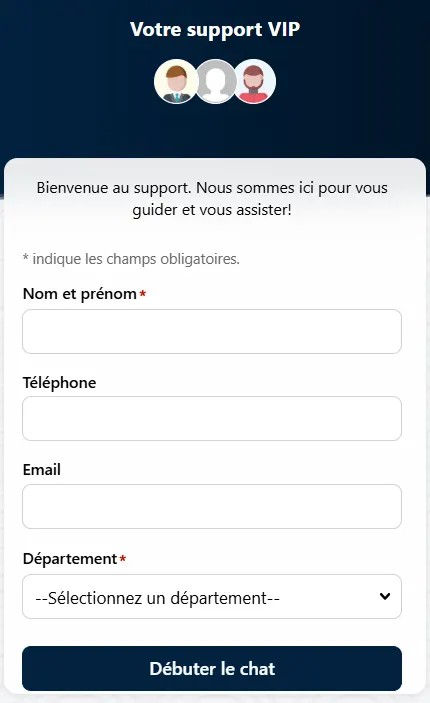 Modulo di supporto VIP BIG Casino con campi per nome e cognome, telefono, email e selezione del dipartimento
