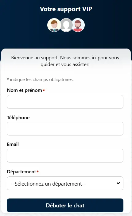 Modulo di supporto VIP BIG Casino con campi per nome e cognome, telefono, email e selezione del dipartimento