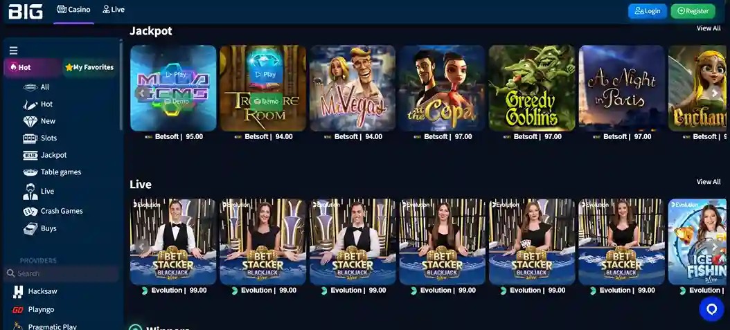 Lobby di BIG Casino con slot jackpot Betsoft in alto e tavoli live blackjack Evolution nella sezione Live