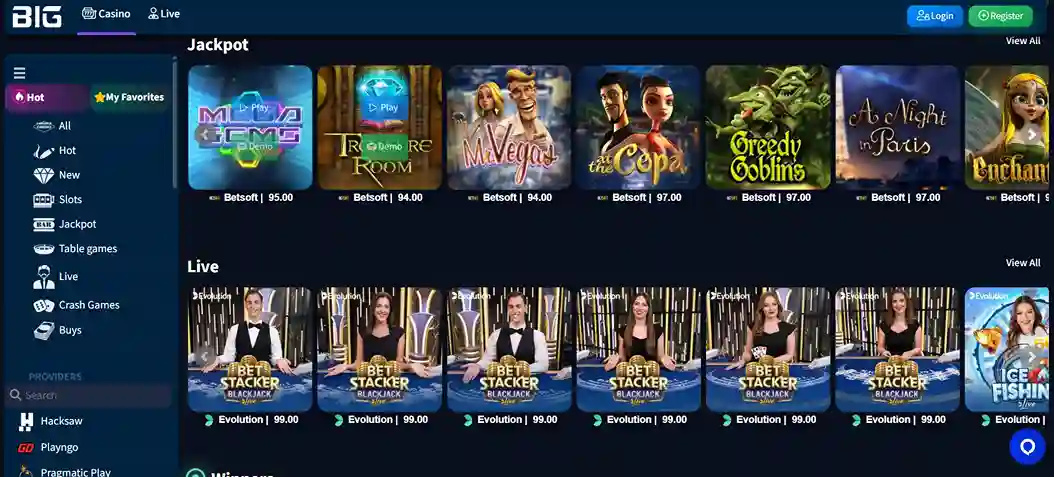 Lobby di BIG Casino con slot jackpot Betsoft in alto e tavoli live blackjack Evolution nella sezione Live